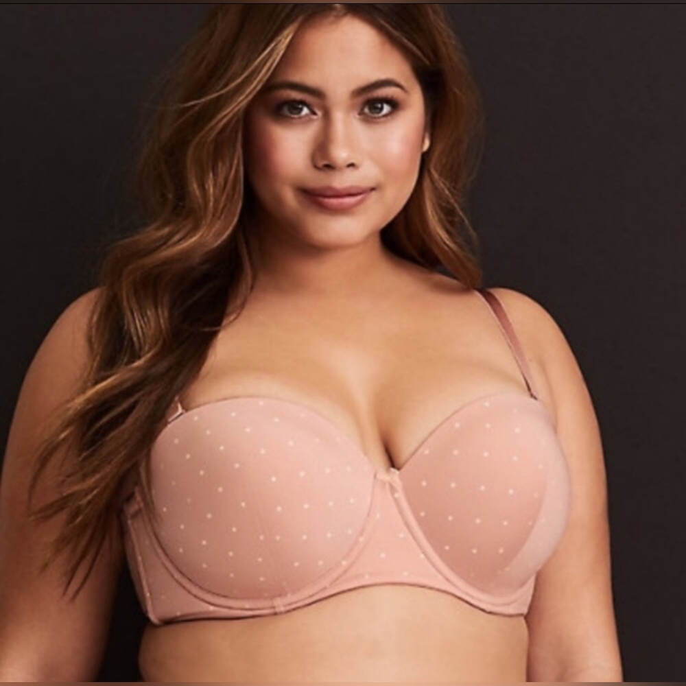 Torrid Pink Polkadot Push-Up Strapless Smooth Straight Back Bra, size 36DD
